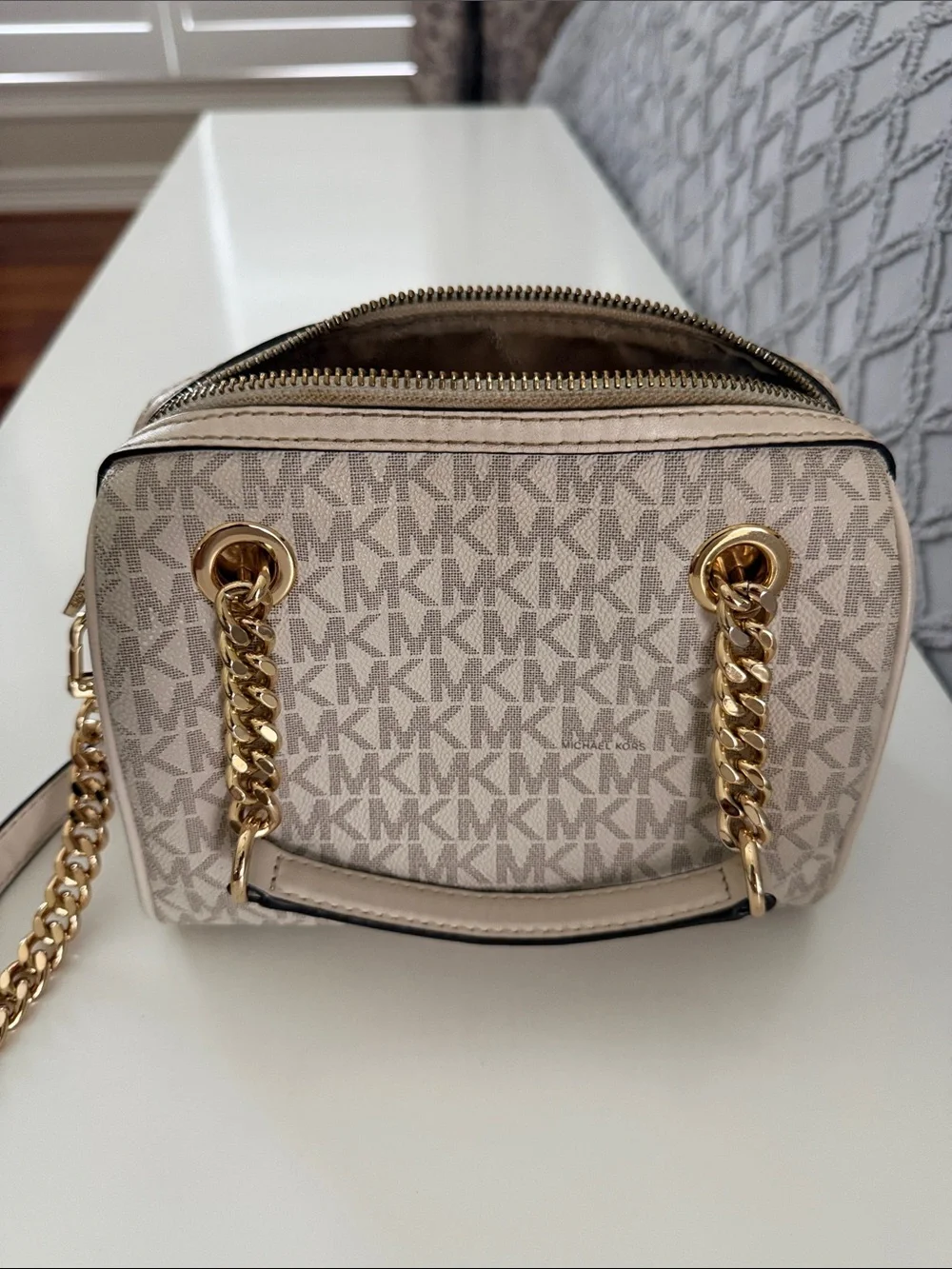 MICHAEL KORS Beige Logo Crossbody Satchel with Gold Hardware